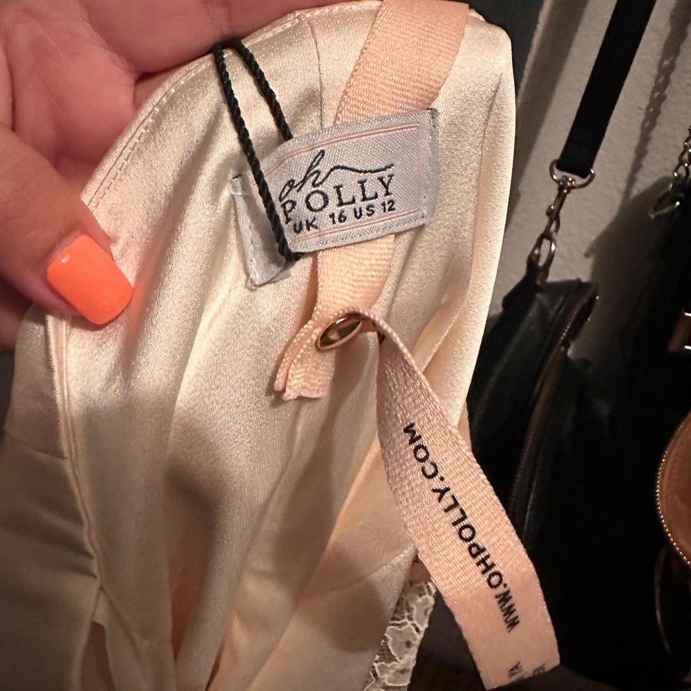 Oh Polly! Cadenza ivory satin midi dress with lace panel - Picture 14 of 15